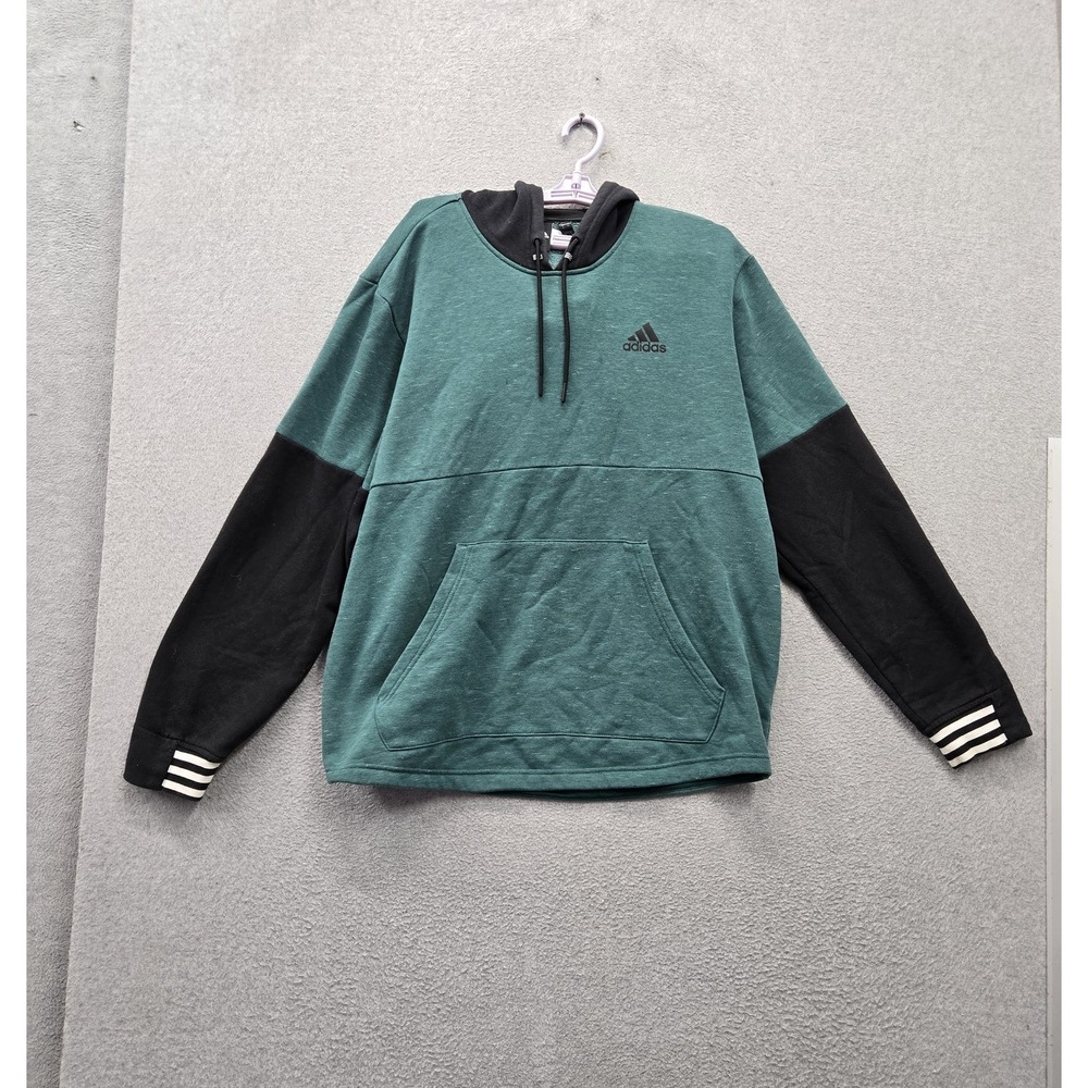 Adidas Men Hoodie XL Green Colorblock Logo Fleece Drawstring Pullover Activewear